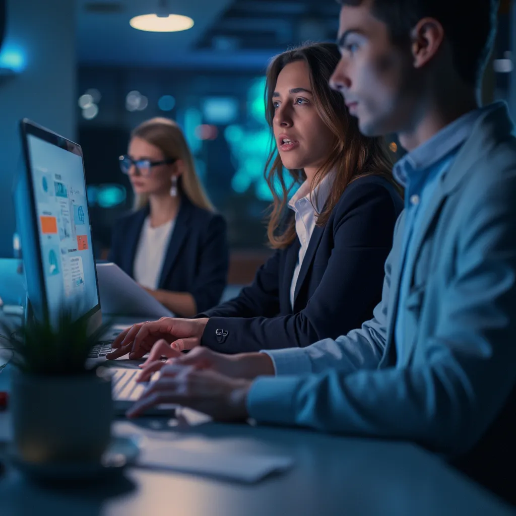 Equipo de MarketingBoost colaborando en una oficina moderna y luminosa